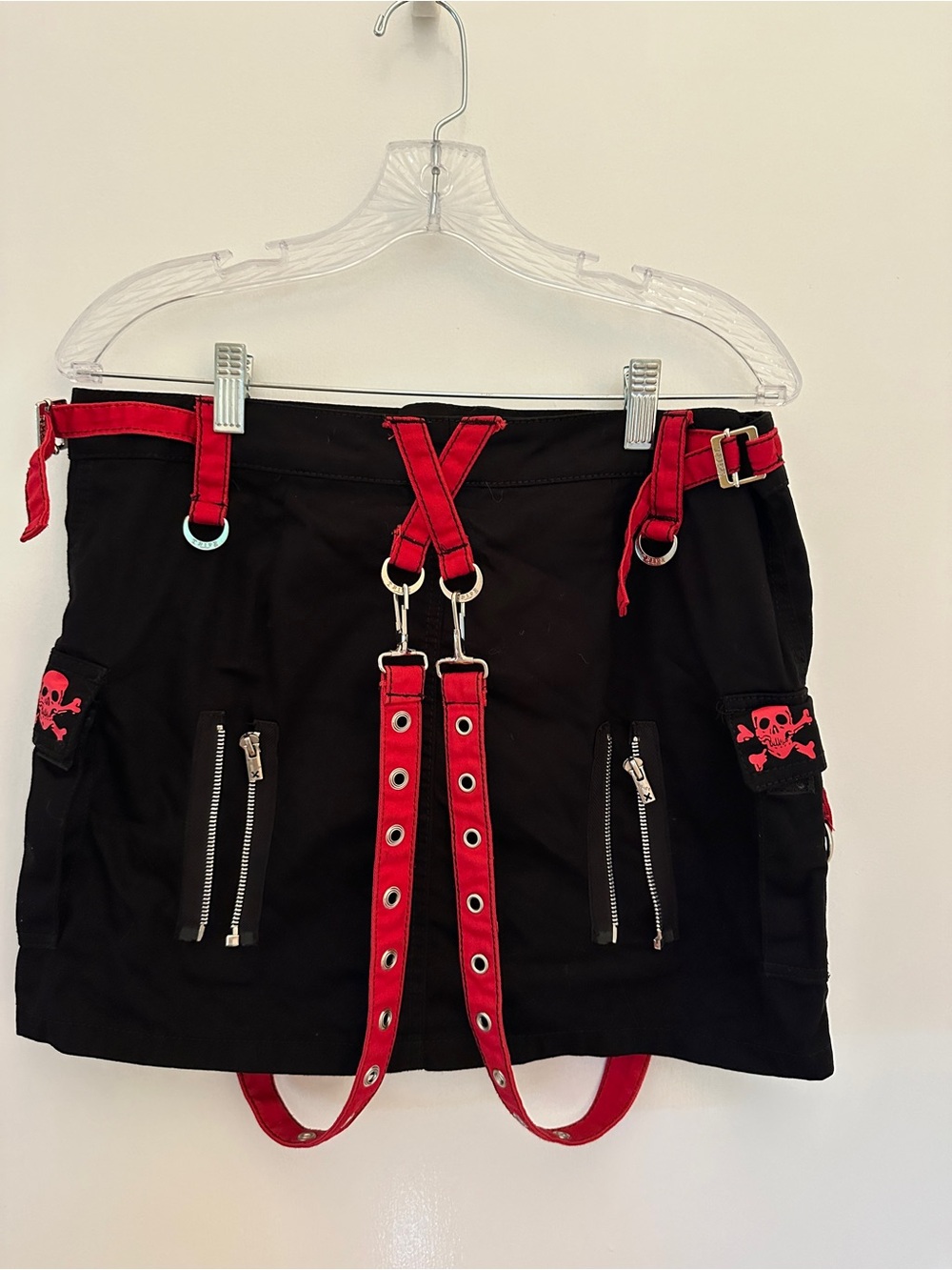 Tripp NYC Black Cargo Mini Skirt with Red Skull & Strap Details - Picture 2 of 5